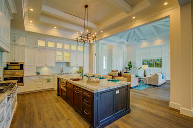 Inspiration for a large contemporary l-shaped dark wood floor and brown floor open concept kitchen remodel in Miami with an undermount sink, recessed-panel cabinets, white cabinets, quartzite countertops, blue backsplash, glass tile backsplash, stainless steel appliances, an island and white countertops