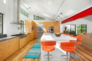 Свежая идея для дизайна: кухня-гостиная в современном стиле с плоскими фасадами, фасадами цвета дерева среднего тона, белым фартуком и техникой из нержавеющей стали - отличное фото интерьера