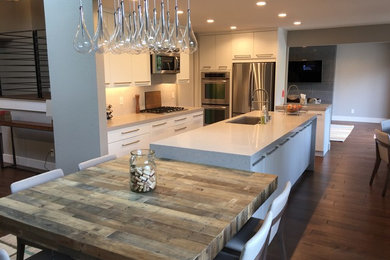 Example of a mid-sized trendy u-shaped medium tone wood floor kitchen pantry design in San Francisco with an undermount sink, flat-panel cabinets, white cabinets, granite countertops, gray backsplash, stone slab backsplash, stainless steel appliances and an island
