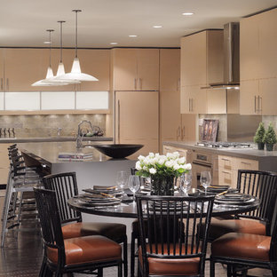 Foto de cocina comedor contemporánea con armarios con paneles lisos, puertas de armario de madera clara, encimera de cuarzo compacto, salpicadero verde, electrodomésticos con paneles y salpicadero de azulejos de piedra