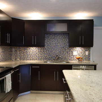 Contemporary Kitchen - Dark Walnut Cabinets with River White Granite Counter Top