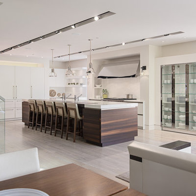 Trendy galley open concept kitchen photo in Ottawa with flat-panel cabinets and white cabinets