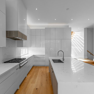 Contemporary Kitchen Design Two Tone White High Gloss & Grey Wood Print Melamine