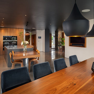 Contemporary kitchen diner: walnut, stainless steel, copper