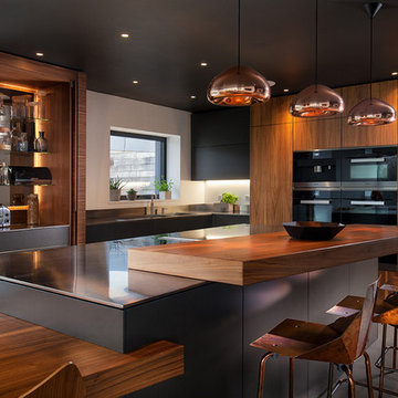 Contemporary kitchen diner: walnut, stainless steel, copper