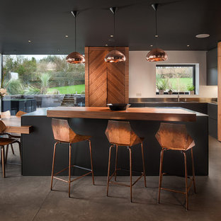 Contemporary kitchen diner: walnut, stainless steel, copper