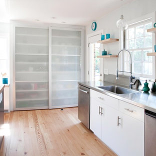 Inspiration for a contemporary kitchen remodel in Other with an integrated sink, stainless steel countertops, flat-panel cabinets, white cabinets, metallic backsplash, metal backsplash and stainless steel appliances