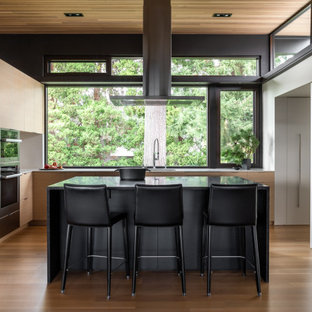 Kitchen - contemporary u-shaped medium tone wood floor and brown floor kitchen idea in Seattle with an undermount sink, flat-panel cabinets, light wood cabinets, paneled appliances, an island and white countertops