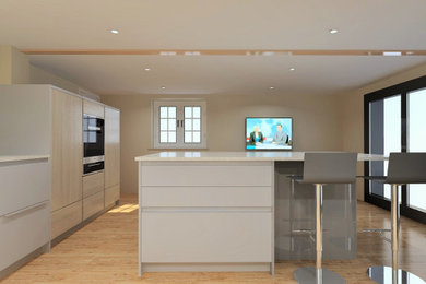 Photo of a large contemporary l-shaped kitchen/diner in Hampshire with a built-in sink, flat-panel cabinets, grey cabinets, composite countertops, vinyl flooring, an island, beige worktops and exposed beams.