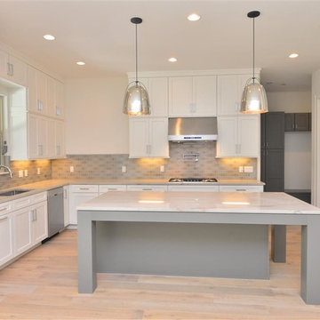 Contemporary Kitchen in Shaker Cabinets and Crackled Cermaic Backsplash