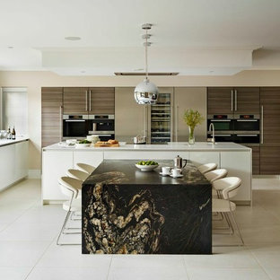 Foto di una grande cucina abitabile design con ante lisce, ante bianche, isola e elettrodomestici da incasso