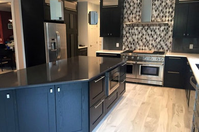 Inspiration for a medium sized contemporary l-shaped enclosed kitchen in Other with shaker cabinets, black cabinets and an island.