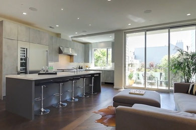 This is an example of a large contemporary galley open plan kitchen in San Francisco with a submerged sink, flat-panel cabinets, grey cabinets, engineered stone countertops, stainless steel appliances and an island.