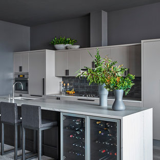 Contemporary kitchen appliance - Inspiration for a contemporary galley gray floor kitchen remodel in Chicago with an undermount sink, flat-panel cabinets, gray cabinets, gray backsplash, stainless steel appliances and an island