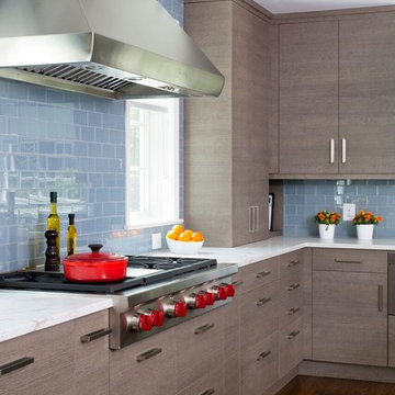 Contemporary Kitchen with Blue Backsplash