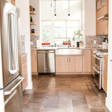 Contemporary Kitchen with Slab Door and Honeycomb Backsplash