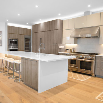 Contemporary Kitchen with Wood & Glass Front Cabinets
