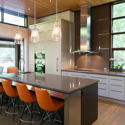 Kitchen - contemporary kitchen idea in Toronto with an undermount sink, flat-panel cabinets, white cabinets, brown backsplash and stainless steel appliances