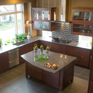 Inspiration for a large contemporary l-shaped separate kitchen in Austin with an undermount sink, flat-panel cabinets, dark wood cabinets, limestone benchtops, multi-coloured splashback, mosaic tile splashback, stainless steel appliances, laminate floors, with island, grey floor and grey benchtop.