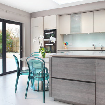 Contemporary matt cashmere & grey wood effect kitchen