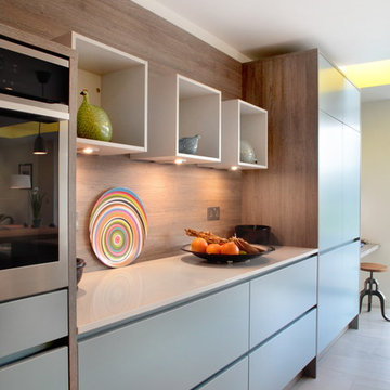 Contemporary matt grey & blue kitchen