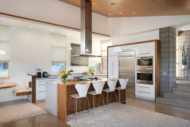 Inspiration for a mid-sized contemporary l-shaped concrete floor open concept kitchen remodel in Phoenix with flat-panel cabinets, white cabinets, quartzite countertops, gray backsplash, stainless steel appliances and an island