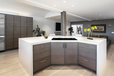 Photo of a large contemporary open plan kitchen in Orange County with a single-bowl sink, flat-panel cabinets, grey cabinets, composite countertops, stainless steel appliances, light hardwood flooring and an island.