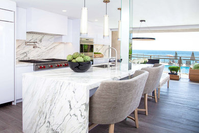 Contemporary kitchen in Orange County with a submerged sink, glass-front cabinets, white cabinets, stainless steel appliances, dark hardwood flooring and an island.