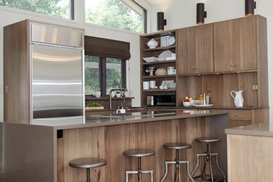 Eat-in kitchen - mid-sized contemporary dark wood floor eat-in kitchen idea in Indianapolis with a single-bowl sink, flat-panel cabinets, distressed cabinets, stainless steel appliances and an island
