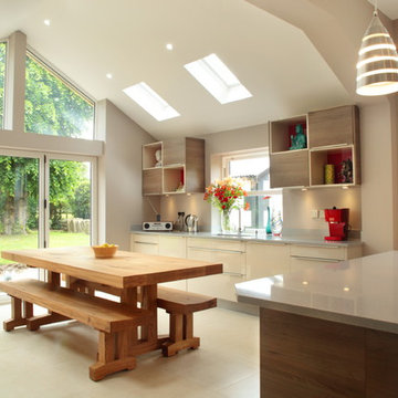 Contemporary open plan kitchen dining with vaulted ceiling