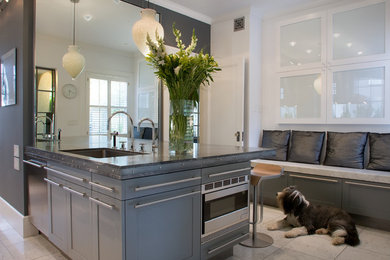 Trendy kitchen photo in Portland with a single-bowl sink, shaker cabinets, gray cabinets and stainless steel appliances
