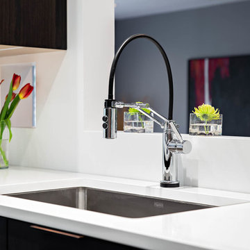 Contemporary pull down chrome faucet and stainless steel under mount single bowl