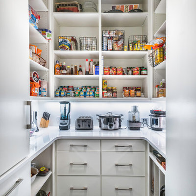 Example of a trendy u-shaped gray floor kitchen pantry design in Nashville with open cabinets, white cabinets and white countertops