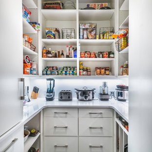 Foto di una cucina ad U contemporanea chiusa con nessun'anta, ante bianche, pavimento grigio e top bianco