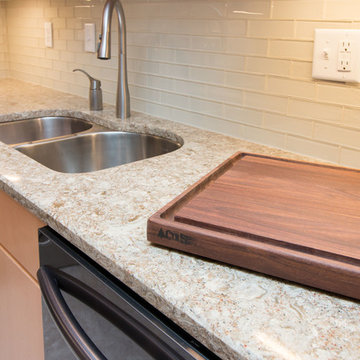 Contemporary Roma Stain Finish Kitchen Remodel w/ Bevel Edge Quartz Countertop