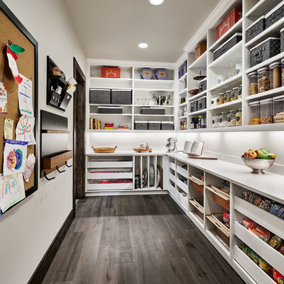 Inspiration for a large cottage l-shaped dark wood floor and brown floor kitchen pantry remodel in Portland with open cabinets, white cabinets, quartz countertops, white backsplash, no island and white countertops