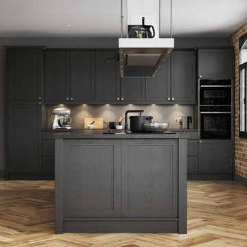 Contemporary, Skinny Shaker-Style Kitchen and Island painted Graphite.