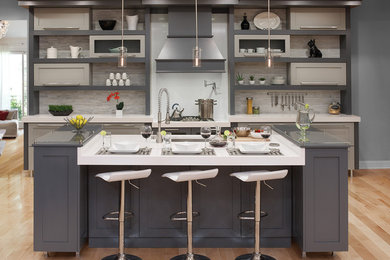 Example of a transitional single-wall light wood floor kitchen design in New York with shaker cabinets, gray cabinets, marble countertops, gray backsplash, an island and an undermount sink