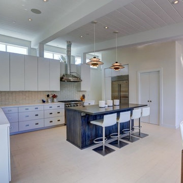 Contemporary White Kitchen - Open Beam Ceiling
