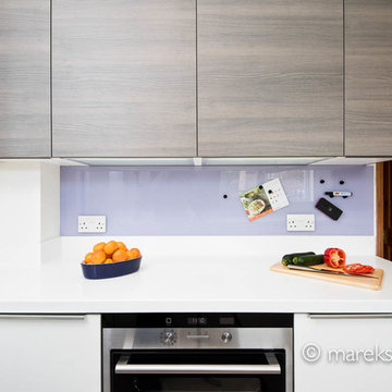 Contemporary White Kitchen with Lilac Splashback