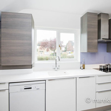 Contemporary White Kitchen with Lilac Splashback