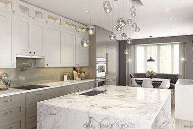 Mid-sized transitional single-wall light wood floor and gray floor eat-in kitchen photo in Miami with a drop-in sink, shaker cabinets, white cabinets, marble countertops, metallic backsplash, metal backsplash, paneled appliances and an island