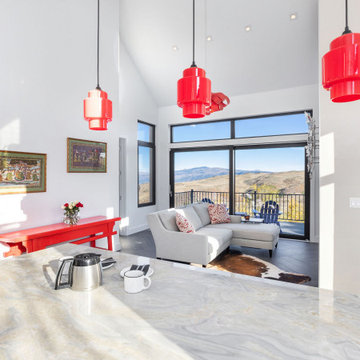 Contemporary White Great Room with Red Accents