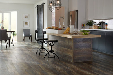 Inspiration for a contemporary vinyl floor and brown floor kitchen remodel in Other with stainless steel appliances