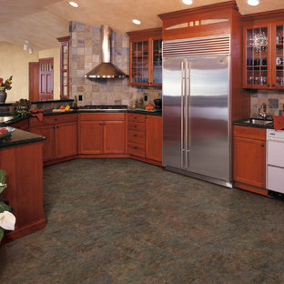 Transitional kitchen pictures - Example of a transitional vinyl floor kitchen design in San Diego
