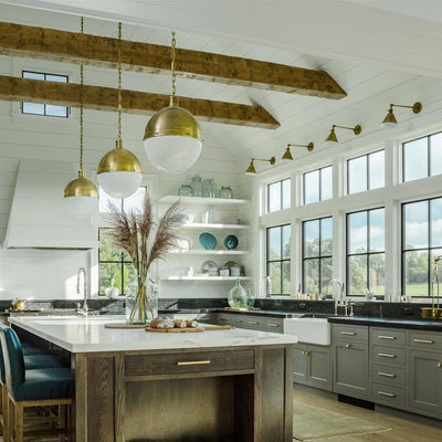 Kitchen - large cottage l-shaped kitchen idea in Burlington with a farmhouse sink, gray cabinets, marble countertops, an island and shaker cabinets