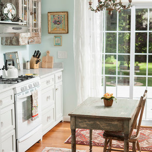 Inspiration för shabby chic-inspirerade linjära kök och matrum, med luckor med glaspanel, skåp i slitet trä och vita vitvaror