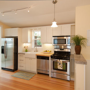 Traditional kitchen ideas - Kitchen - traditional single-wall kitchen idea in San Francisco with stainless steel appliances, a farmhouse sink and white cabinets
