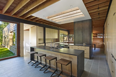 Modern kitchen in San Francisco with flat-panel cabinets, light wood cabinets, multiple islands and a double-bowl sink.