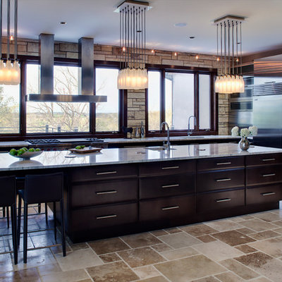 Example of a trendy kitchen design in Chicago with dark wood cabinets and stainless steel appliances